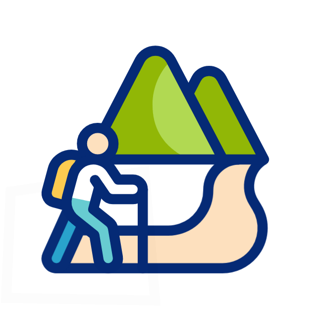 Icon of a person hiking with mountains and a path.