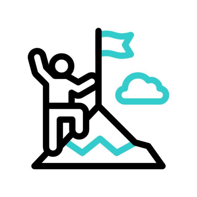 Icon of person climbing a mountain with a flag on top and a cloud nearby.
