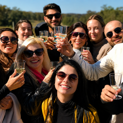 Group of people outdoors, smiling and holding glasses, wearing sunglasses.