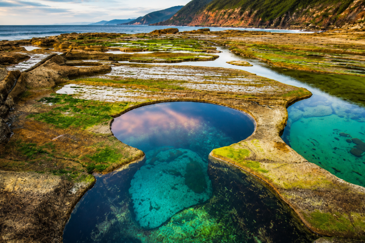 Coastal rock pools with green algae, reflecting sky, cliffs in distance.
